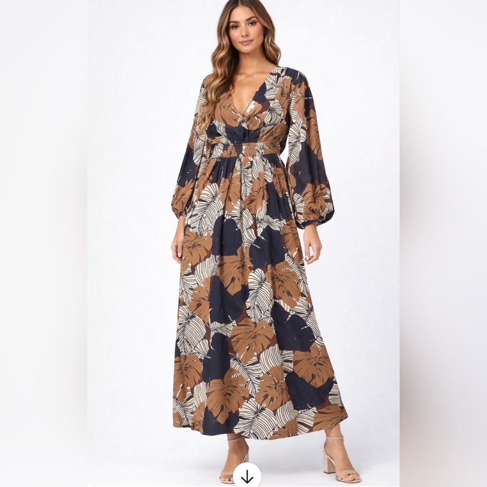 Onetheland Elegant Brown and Navy Floral Maxi Dress New In Poly Small PTP 19